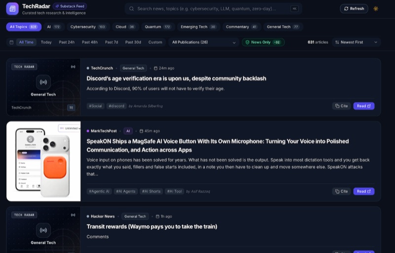 Screenshot of TechRadar Tech News & Substack Research Dashboard